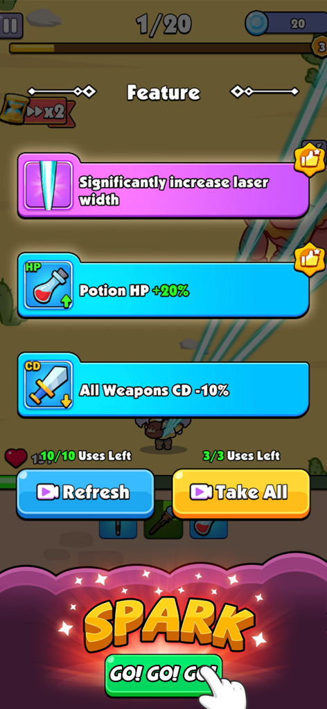 Rumble Bag: backpack battle - Captura de pantalla del juego de Rumble Bag que muestra la pantalla de selección de características con tres opciones de mejora y un botón de chispa