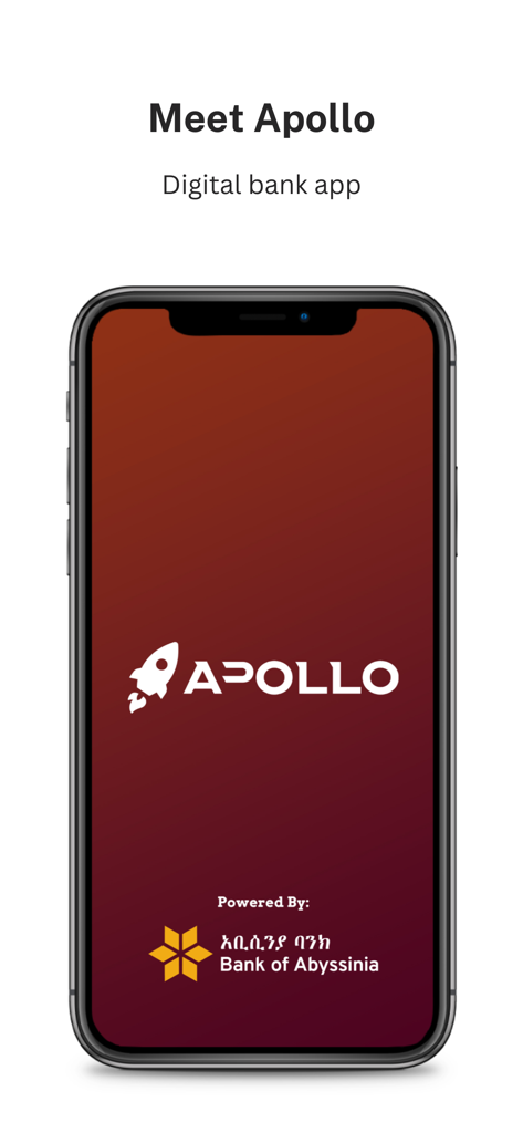 Apollo Digital mobile bank app splash screen powered by Bank of Abyssinia