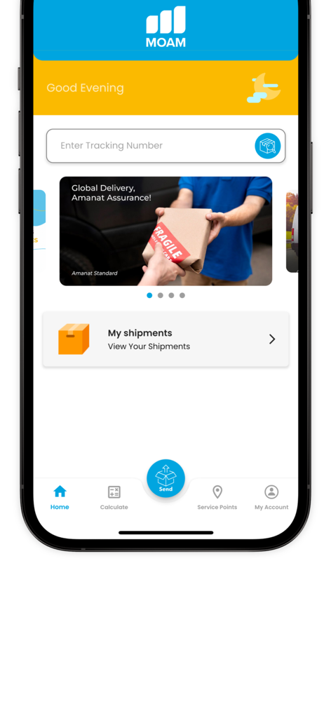 MOAM - MOAM mobile app home screen showing package tracking and shipment management features.