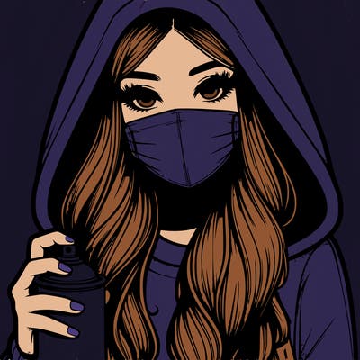 girl wearing a mask with long hair with her hood up spray-painting realistic