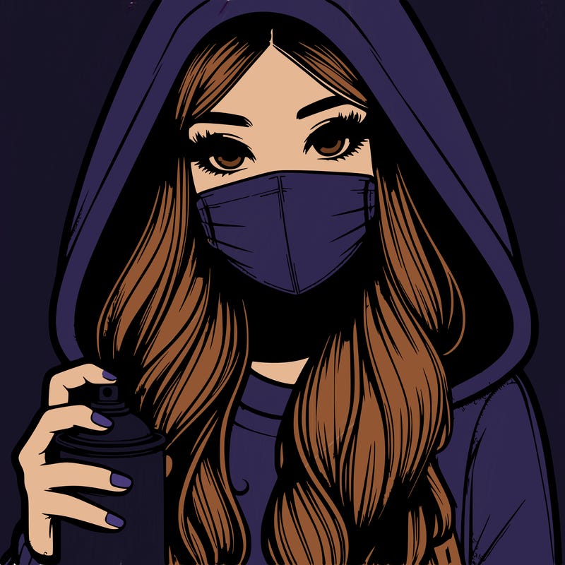 girl wearing a mask with long hair with her hood up spray-painting realistic