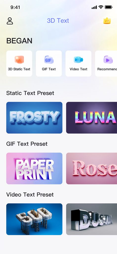 Interface de l'application 3D Text montrant des préréglages de polices pour le texte statique, GIF et vidéo