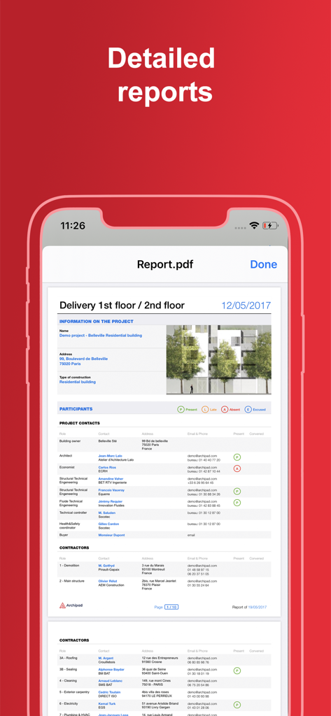 Archipad ™ - A detailed construction site report displaying project information and a list of participants on a mobile device