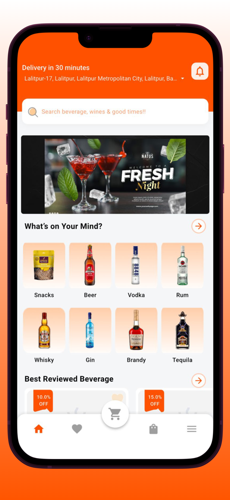 Mapasey - Pantalla de inicio de la aplicación móvil Mapasey que muestra categorías de alcohol como cerveza, vodka y whisky para entrega rápida.