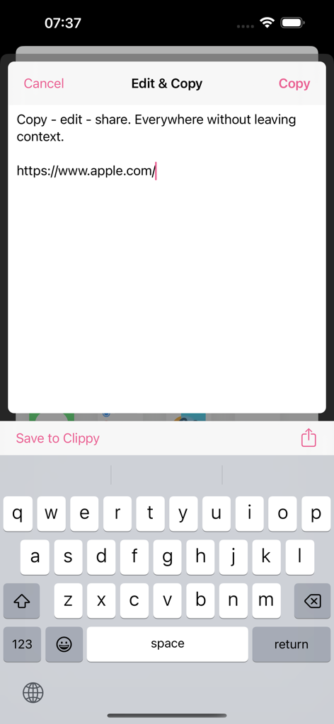 Clippy - copy, edit & share - iPhone screen showing the Clippy app Edit and Copy interface with a URL being edited