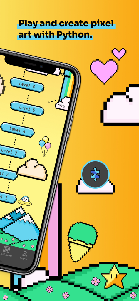 Smartphone displaying the imagi app interface with a gamified level map and pixel art decorations for learning Python coding.
