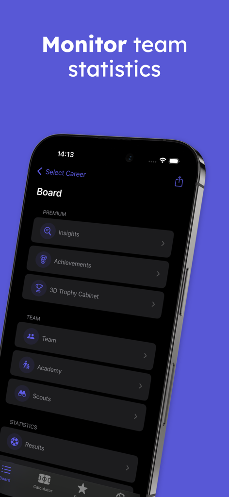 Mobile app interface for monitoring football team statistics and academy players