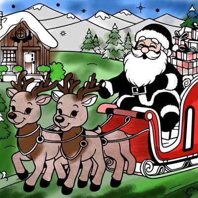 santa on his raindeers and delivering presents