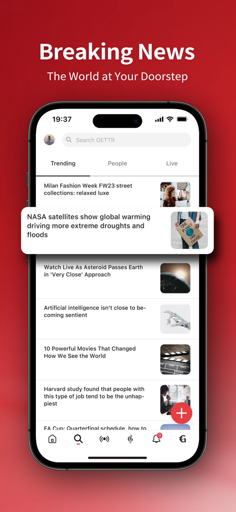 GETTR - A Marketplace of Ideas - GETTR app interface showing a trending breaking news feed on a mobile screen.