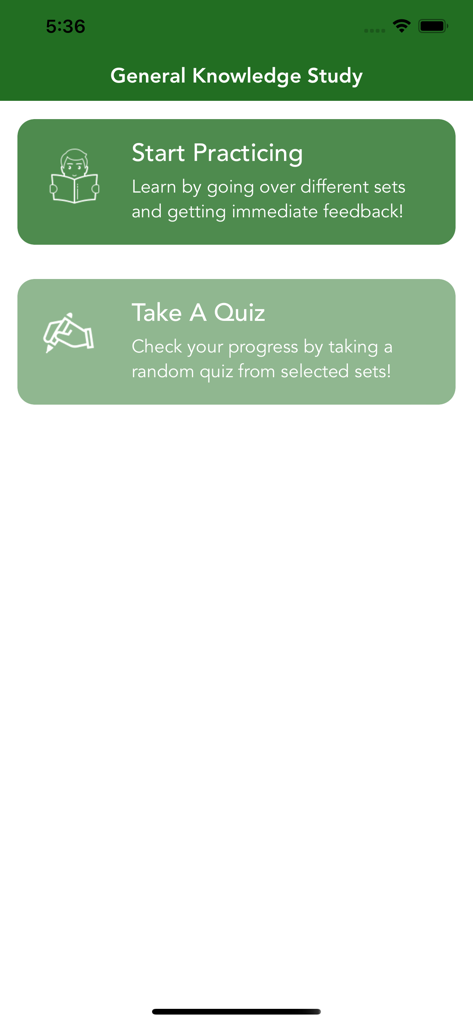 General Knowledge Trivia Quiz+ - Menú principal de la aplicación Quiz de Conocimientos Generales Trivia+ con botones para Empezar a Practicar y Hacer un Quiz.