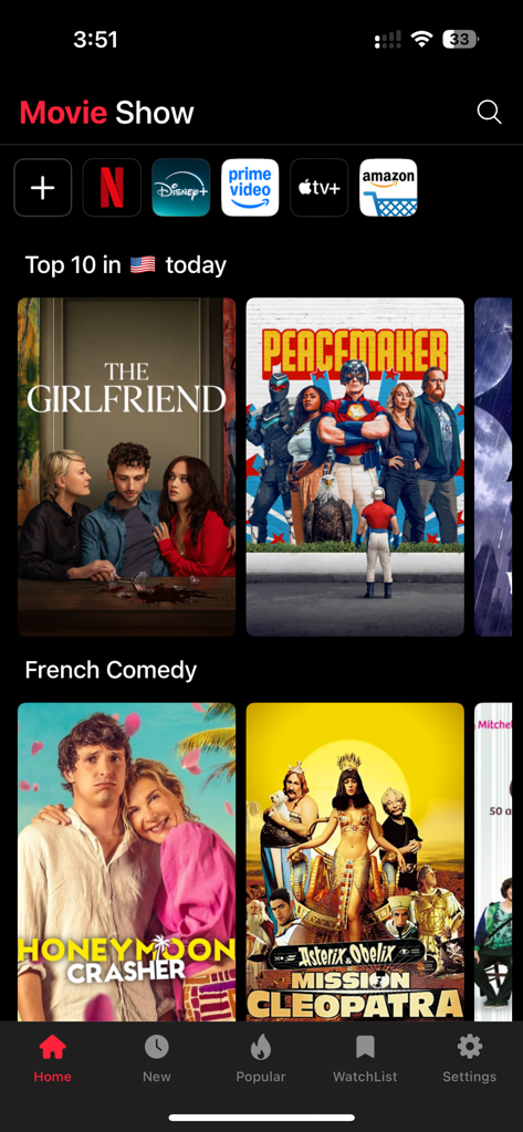 Movie Box - TV Shows & Movies - Interface of the Movie Box app displaying trending movies and TV shows with icons for major streaming services