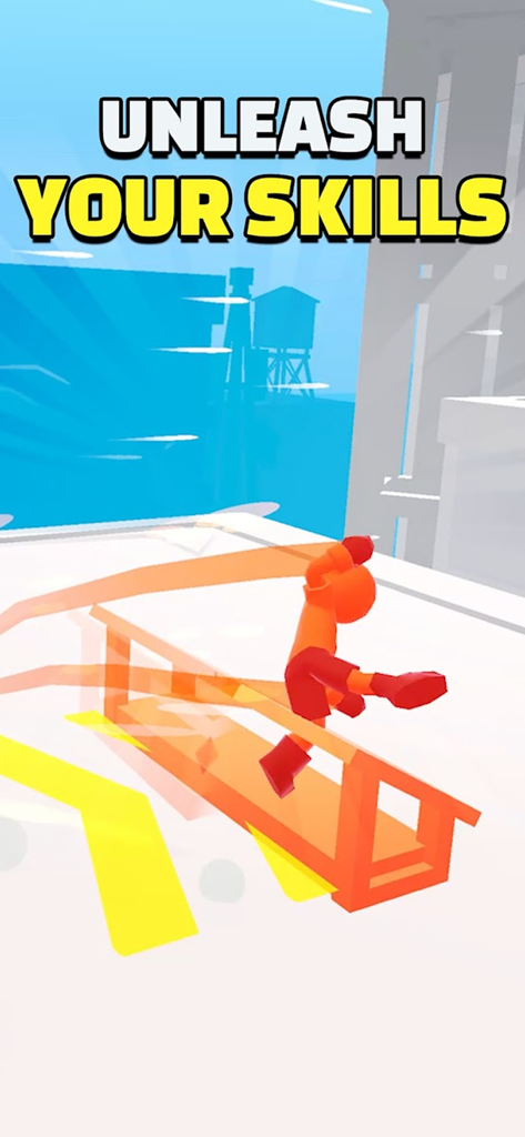 Parkour Race - Freerun Game - 파쿠르 레이스 모바일 게임에서 캐릭터가 '당신의 기술을 발휘하세요'라는 텍스트와 함께 장애물을 넘고 있습니다.
