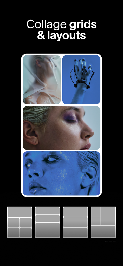 Unfold App-Bildschirm, der künstlerische Collage-Raster und Layout-Vorlagen für soziale Medien anzeigt