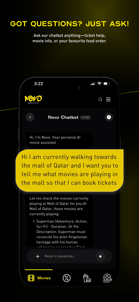 Uno screenshot dell'app mobile Novo Cinemas che mostra un chatbot AI che assiste un utente con gli orari dei film.