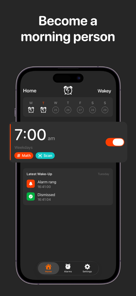 Wakey: Loud Alarm Clock - Pantalla de inicio de la aplicación Wakey que muestra una alarma de las 7:00 AM con misiones de matemáticas y escaneo