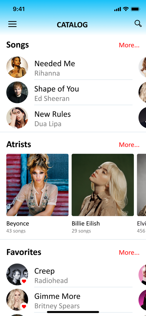 EvoClub User - EvoClub User App-Oberfläche, die den Songkatalog und die Favoritenliste anzeigt