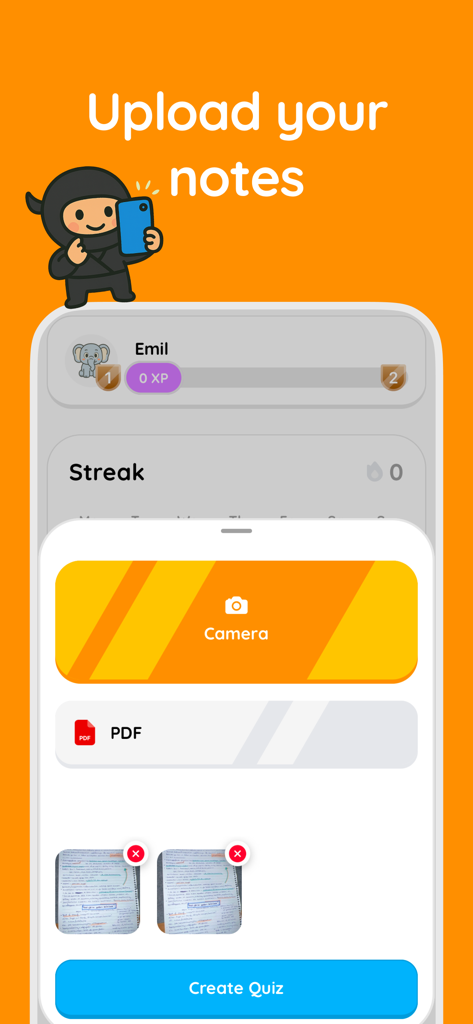 SnapTest: AI Quiz & Study - SnapTest app interface for uploading study notes via camera or PDF