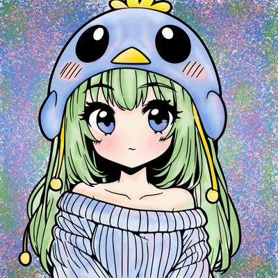 anime girl with chick shaped hat with sweater with bare shoulders with bangs covering them one eye with low tail