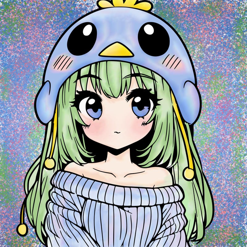 anime girl with chick shaped hat with sweater with bare shoulders with bangs covering them one eye with low tail