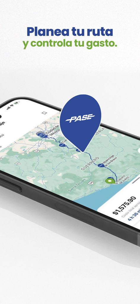 PASE - PASE app route planner map showing toll costs and travel time for a trip in Mexico