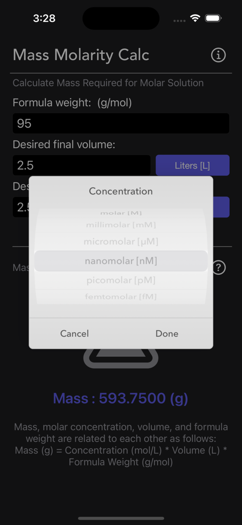 A screenshot of the Mass Molarity Calculator app showing a pop-up menu for selecting concentration units like nanomolar