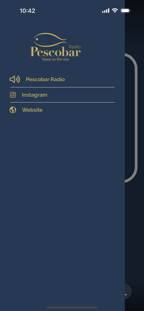 The navigation side menu of the Pescobar Radio app showing links to the radio stream instagram and website