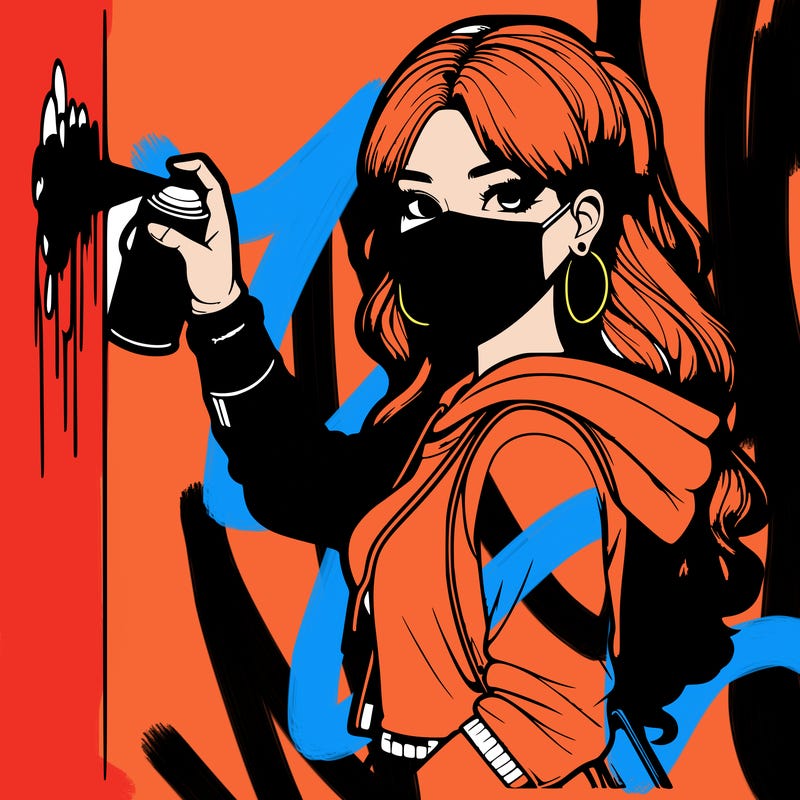 realistic girl with mask spray painting a wall