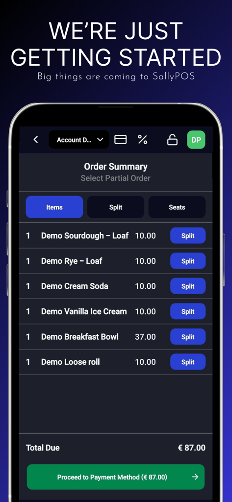 Sally POS - Sally POS mobile App zeigt eine Bestellübersicht mit Optionen zur Aufteilung der Zahlung.