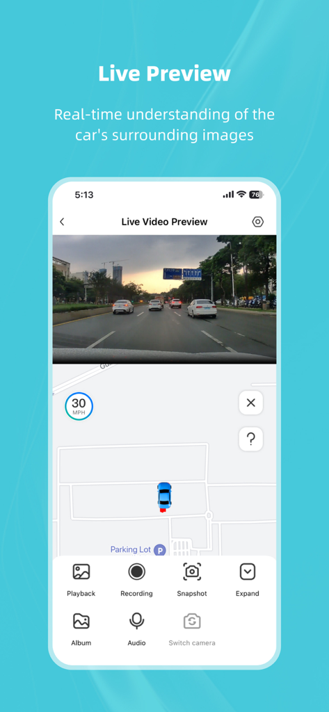 Kacam - Kacam app interface showing live dash cam video preview with integrated GPS map tracking and real-time speed display