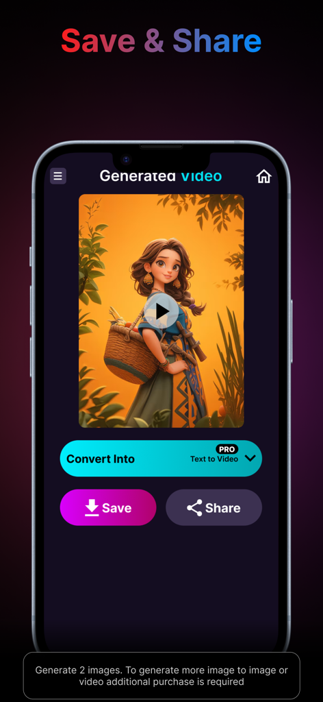 AI Video,Art & Image Generator - 모바일 앱 인터페이스, 콘텐츠 저장 및 공유 버튼이 있는 생성된 AI 비디오 표시