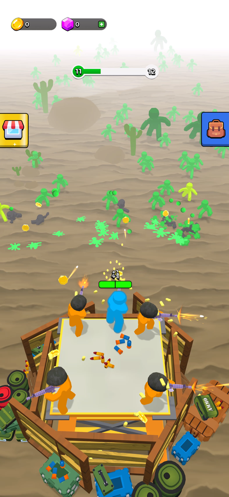 Stylized characters on a tower shooting at a horde of green zombies in Z defense game