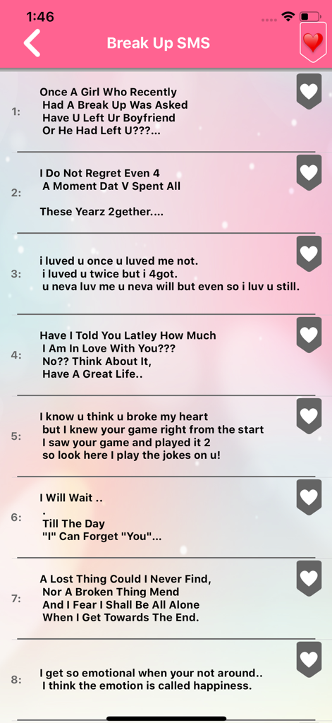 Love Quotes- Daily Love Quotes - Una lista de SMS de ruptura y mensajes tristes dentro de la interfaz de la aplicación Love Quotes.