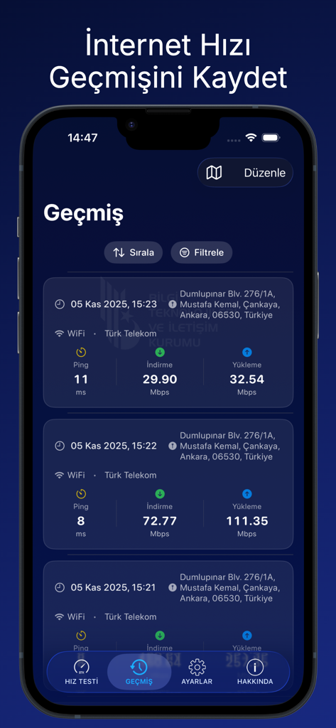 BTK Hız Testi - BTK Hiz Testi app history screen displaying a list of previous internet speed test results including download and upload speeds