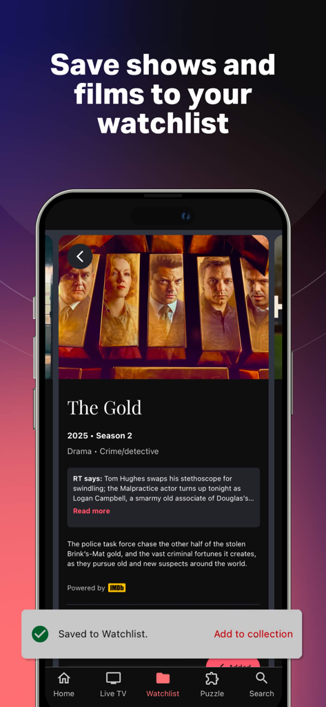 Radio Times - What to watch - Interface of the Radio Times app showing a TV show saved to the user's watchlist.