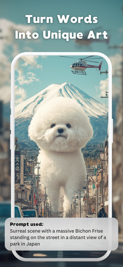 LUNA를 사용하여 일본 거리에서 거대한 비숑 프리제에 대한 초현실적인 AI 아트