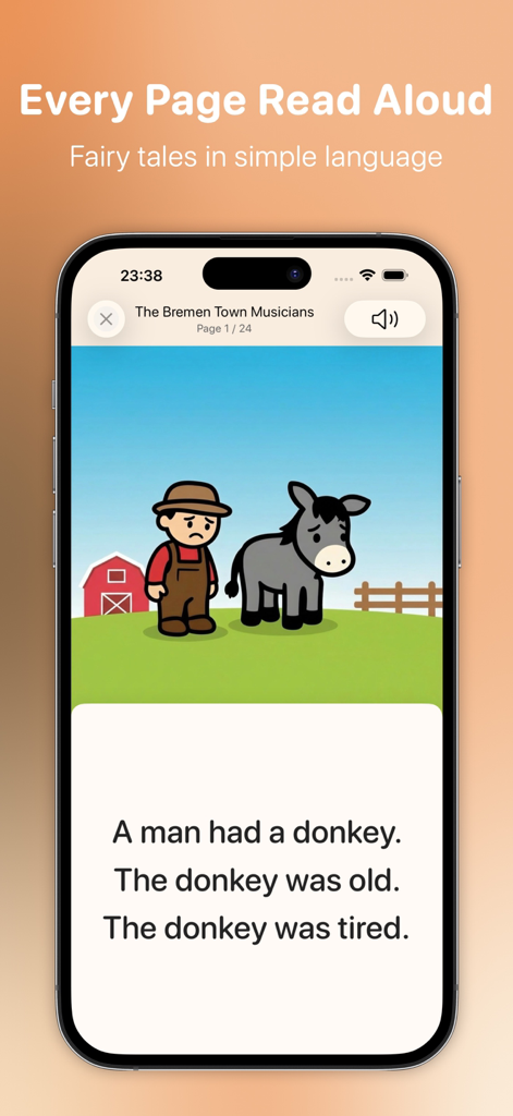 JOSY - Books for Every Child - Una página del cuento de hadas Los Músicos de Bremen en la aplicación JOSY que muestra texto simple y la función de narración para leer en voz alta.