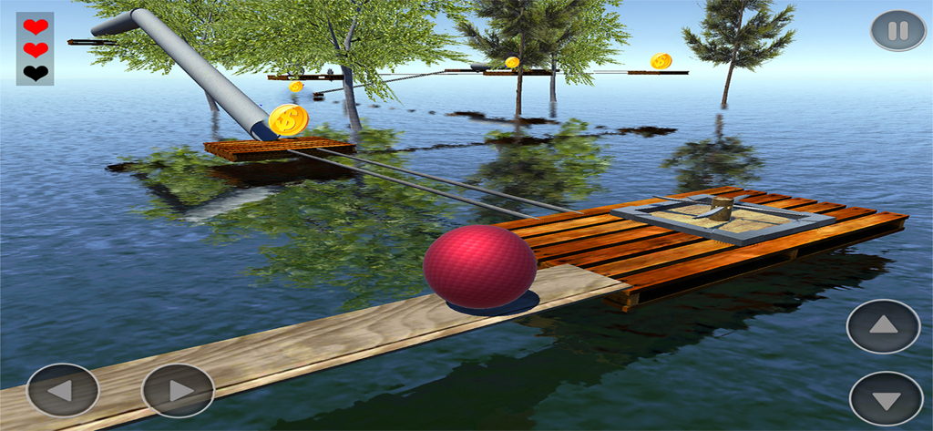Balance The Crazy Ball - A red ball balancing on a narrow wooden plank over water in a 3D physics puzzle game.