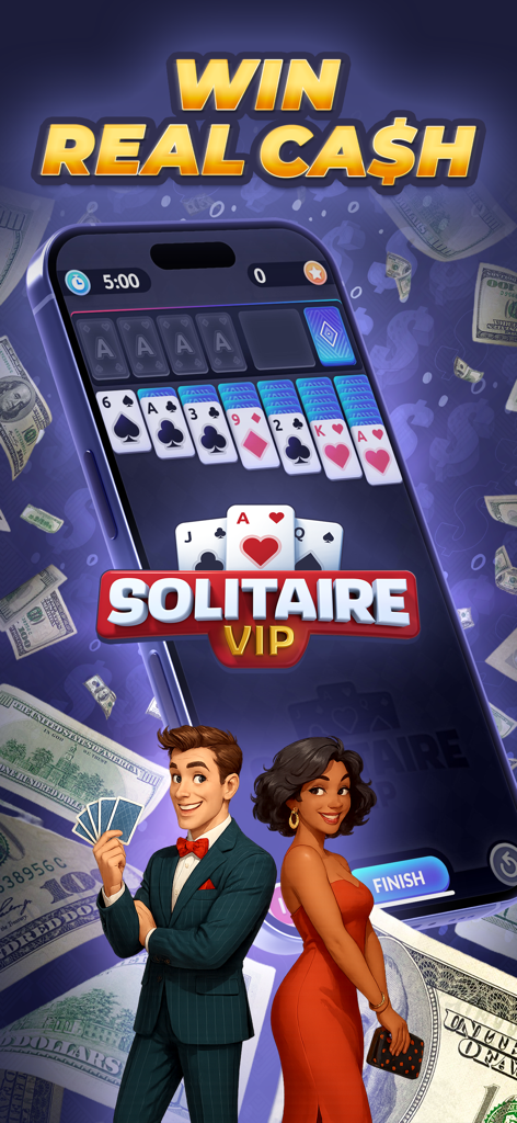 Werbebildschirm für Echtgeld Solitaire Skillz, der ein Mobiltelefon mit Gameplay und Charakteren vor fallenden Dollarnoten zeigt