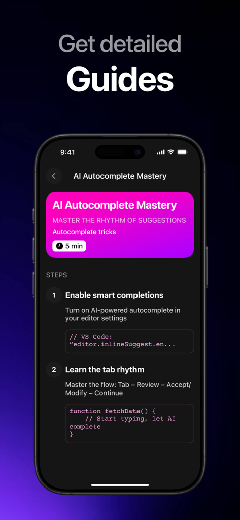 Uma tela de aplicativo móvel mostrando um guia passo a passo para dominar o preenchimento automático de IA em programação