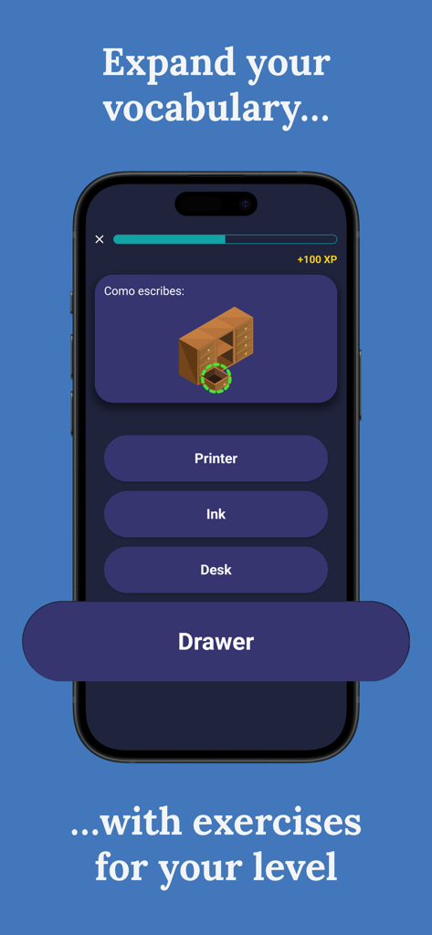 Mobile app screen showing a multiple choice English vocabulary exercise with an illustration of a drawer