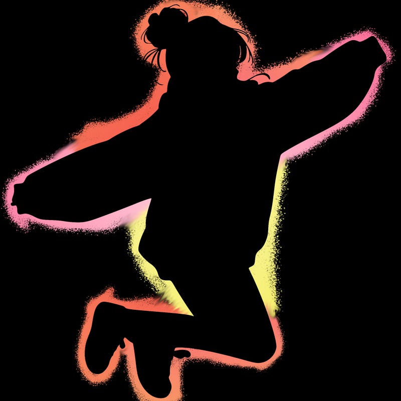 realistic girl jumping with a bun and oversized sweatshirt