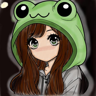a pretty girl wearing a frog hoodie portrait with long hair