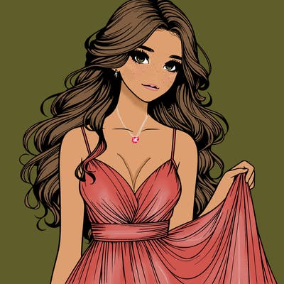realistic girl in flowy silky prom dress
