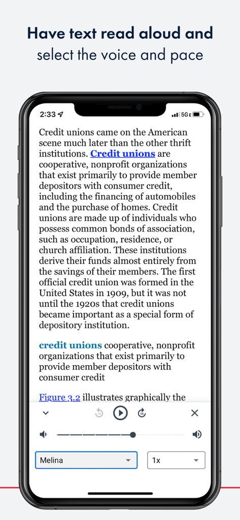 RedShelf - RedShelf app screen showing text to speech controls and voice selection for a digital textbook