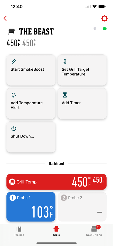 Weber Connect App Dashboard zeigt Echtzeit-Grilltemperatur und Fleischsondenmesswerte an