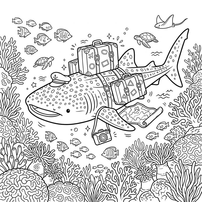 Join a cheerful whale shark on its exciting underwater vacation, complete with luggage and a captain's hat. This delightful coloring page invites you to explore a vibrant coral reef filled with friendly marine life.