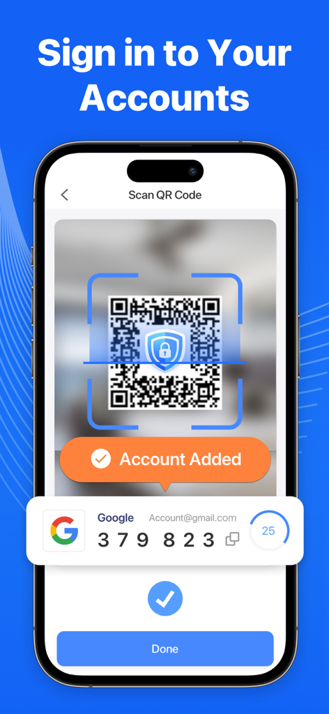 Authenticator App++ - iPhone-Bildschirm, der einen QR-Code-Scan zum Hinzufügen eines 2FA-Kontos in der Authenticator App plus plus anzeigt