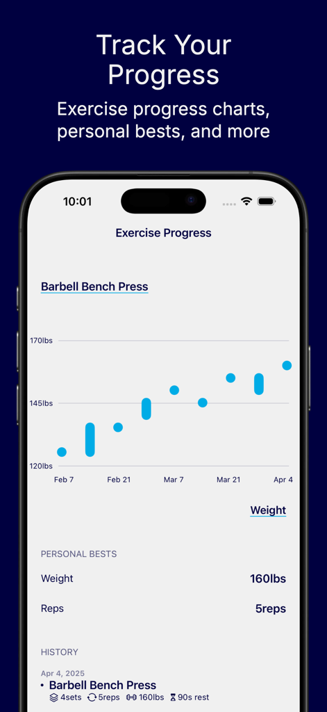 Exercisely: Simple Workout Log - Trainingsfortschrittskarte für Bankdrücken mit der Langhantel, die persönliche Bestleistungen und die Historie in der Exercisely-App zeigt