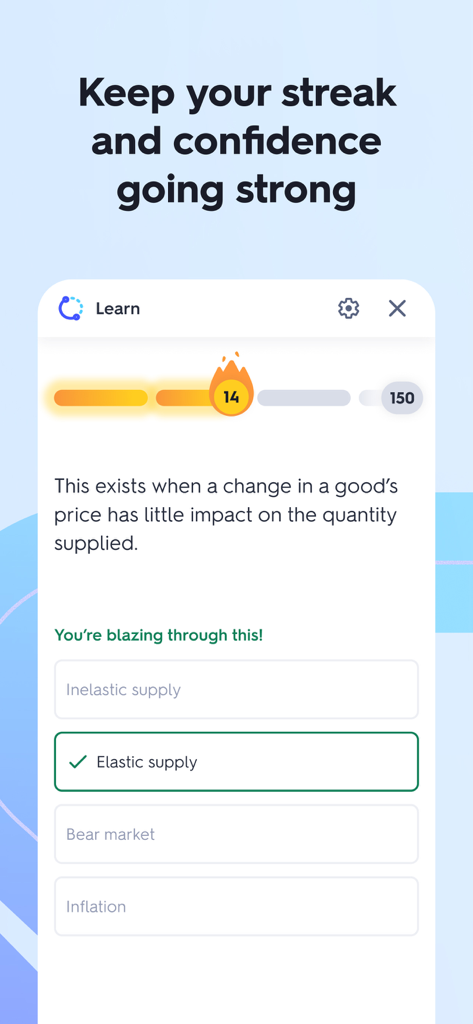 Interface de l'application Quizlet affichant une question d'entraînement à choix multiple en mode Apprentissage avec un compteur de progression.