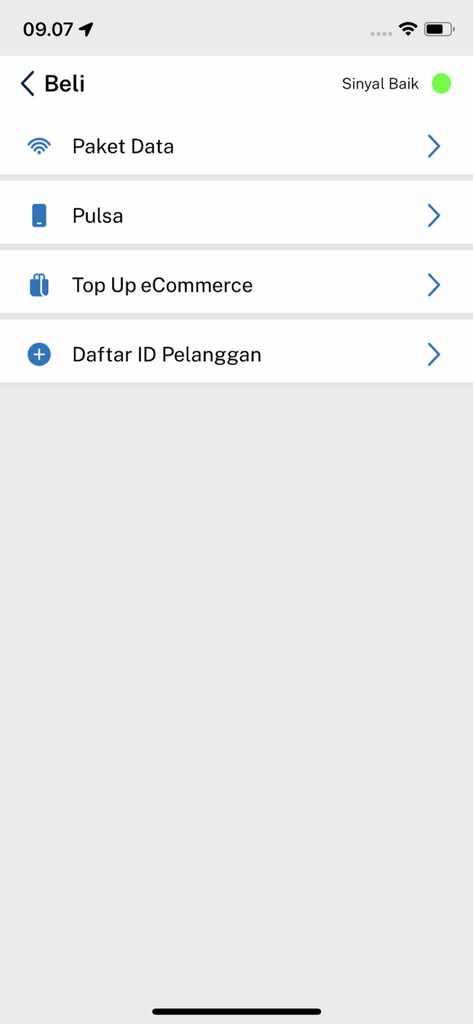 Pantalla de la aplicación móvil DIGI by bank bjb que muestra el menú de compras con opciones de crédito móvil, paquetes de datos y recargas de comercio electrónico